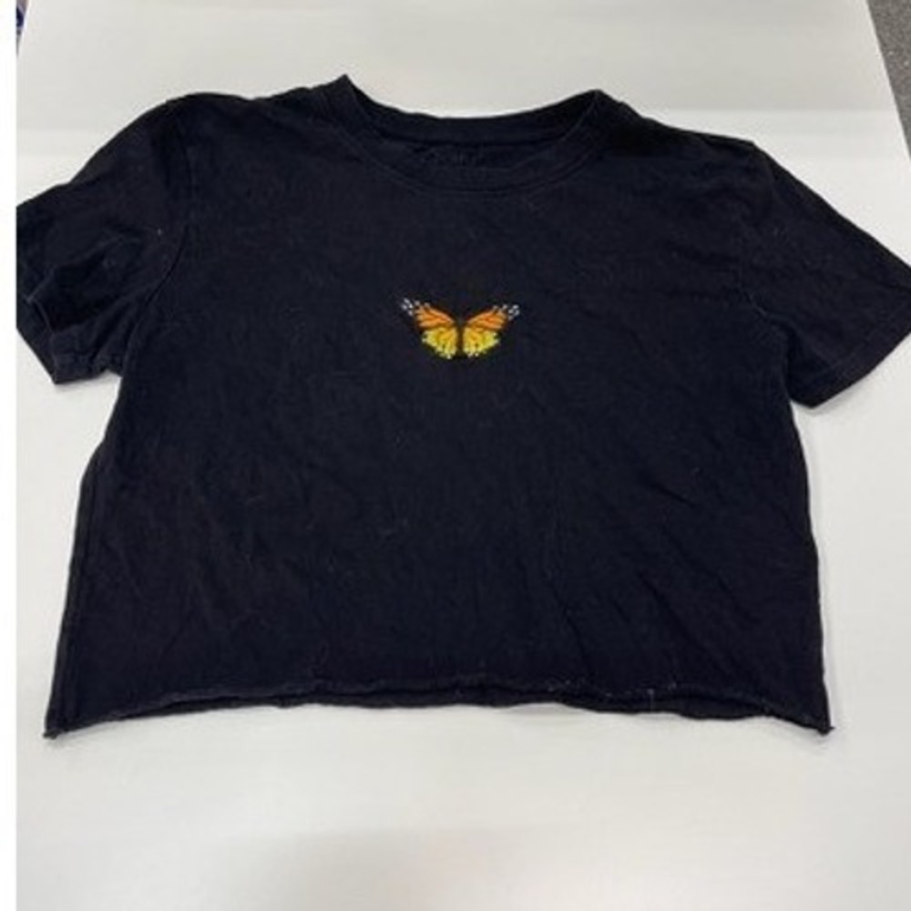 J Galt Brandy Melville Black Butterfly Embroidered‎ Crop Top Raw Hem One Size